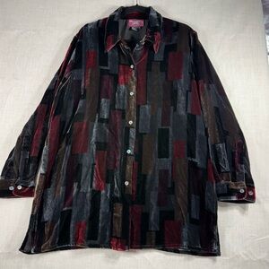 Denim & Co Velvet Geometric Button-Up Shirt - Black, Burgundy, Brown